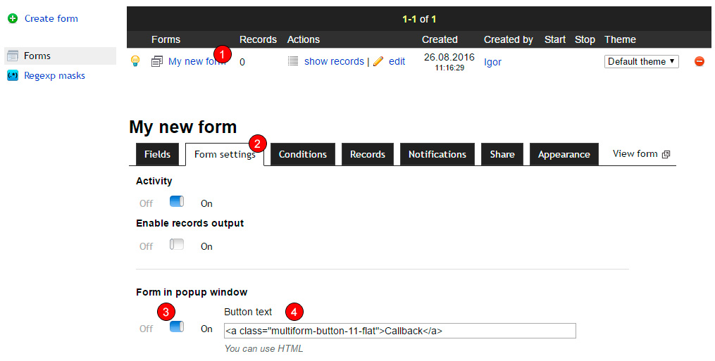 Web-form popup settings
