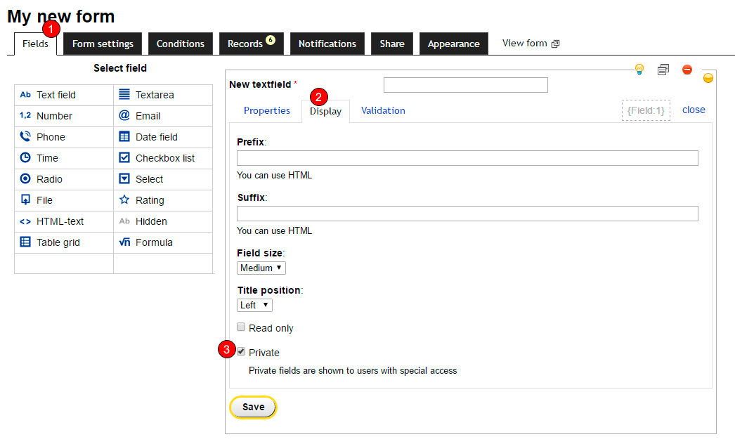 Web-form private field setting